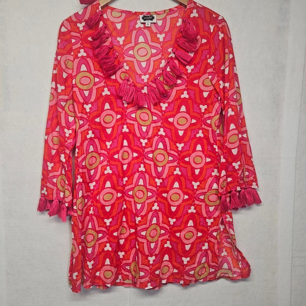 Mud Pie Red Pink Kendall Tunic Moroccan Medallion Tasseled size S Beach to Bar